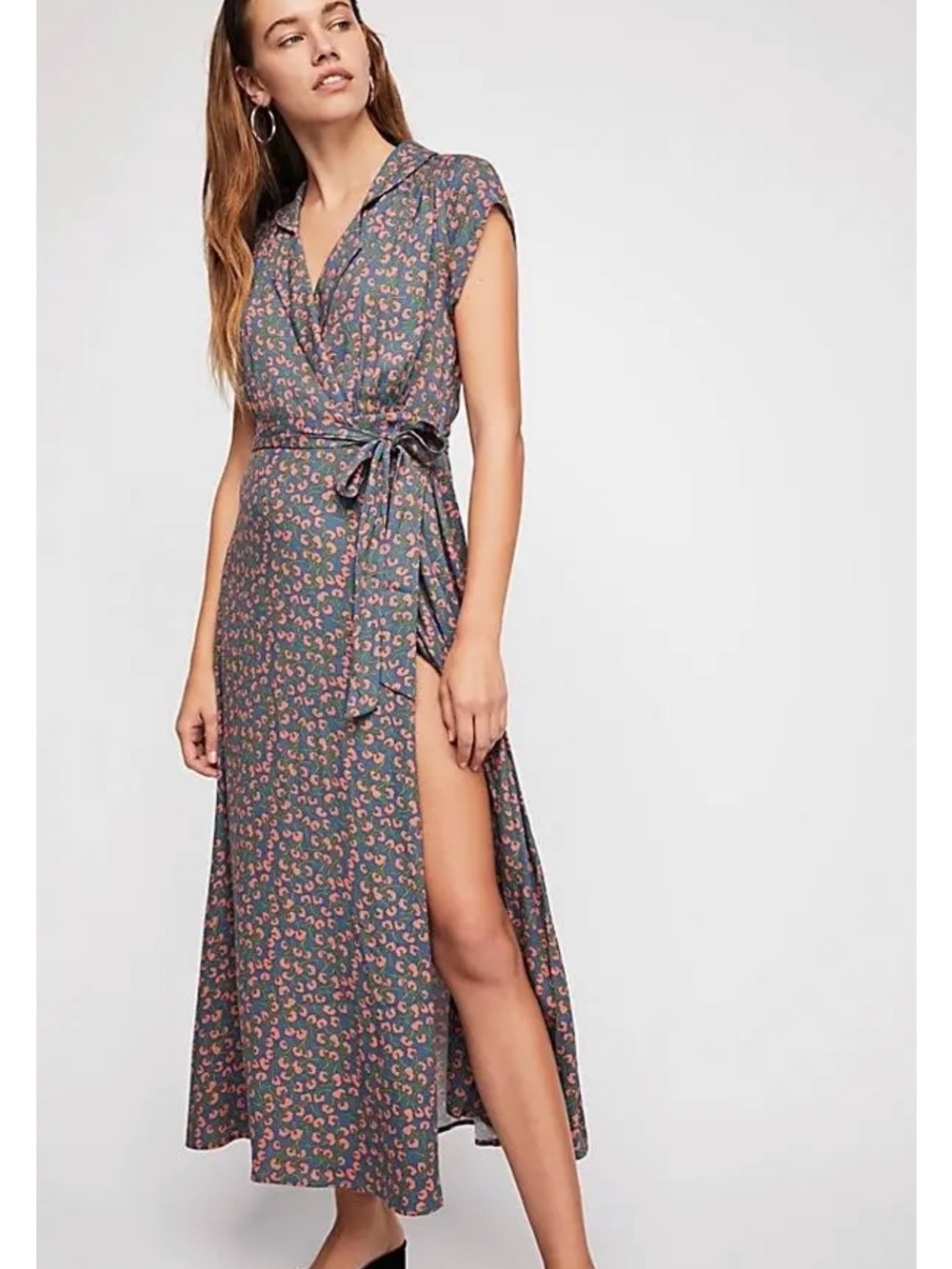 Free People Slate Blue Floral Wrap High-Low Dress